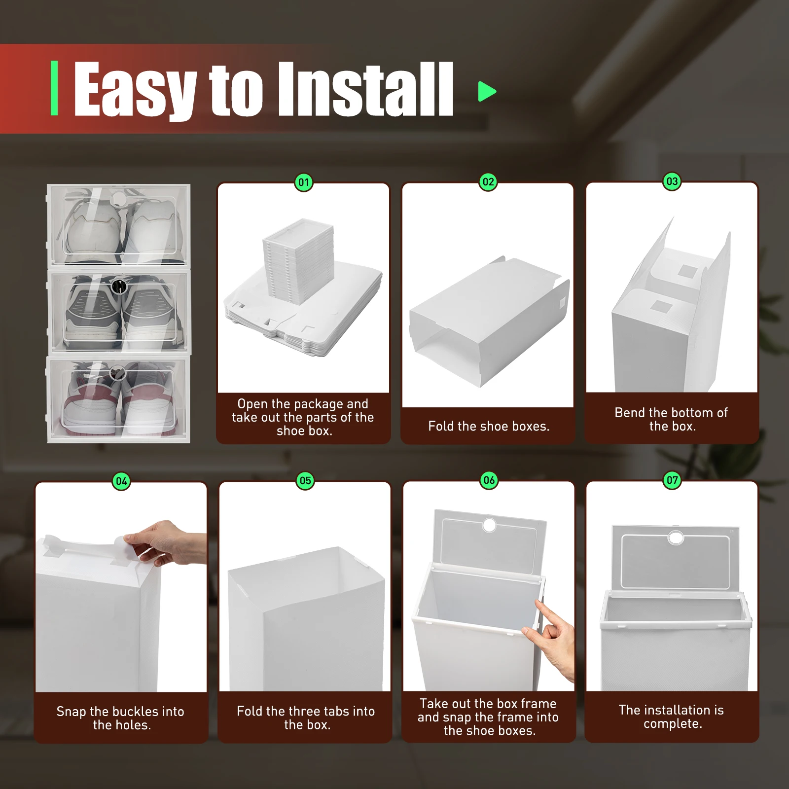 صناديق أحذية بلاستيكية قابلة للطي، منظم أحذية سميك وشفاف وقابل للتكديس، خزانة أحذية مركبة متراكبة