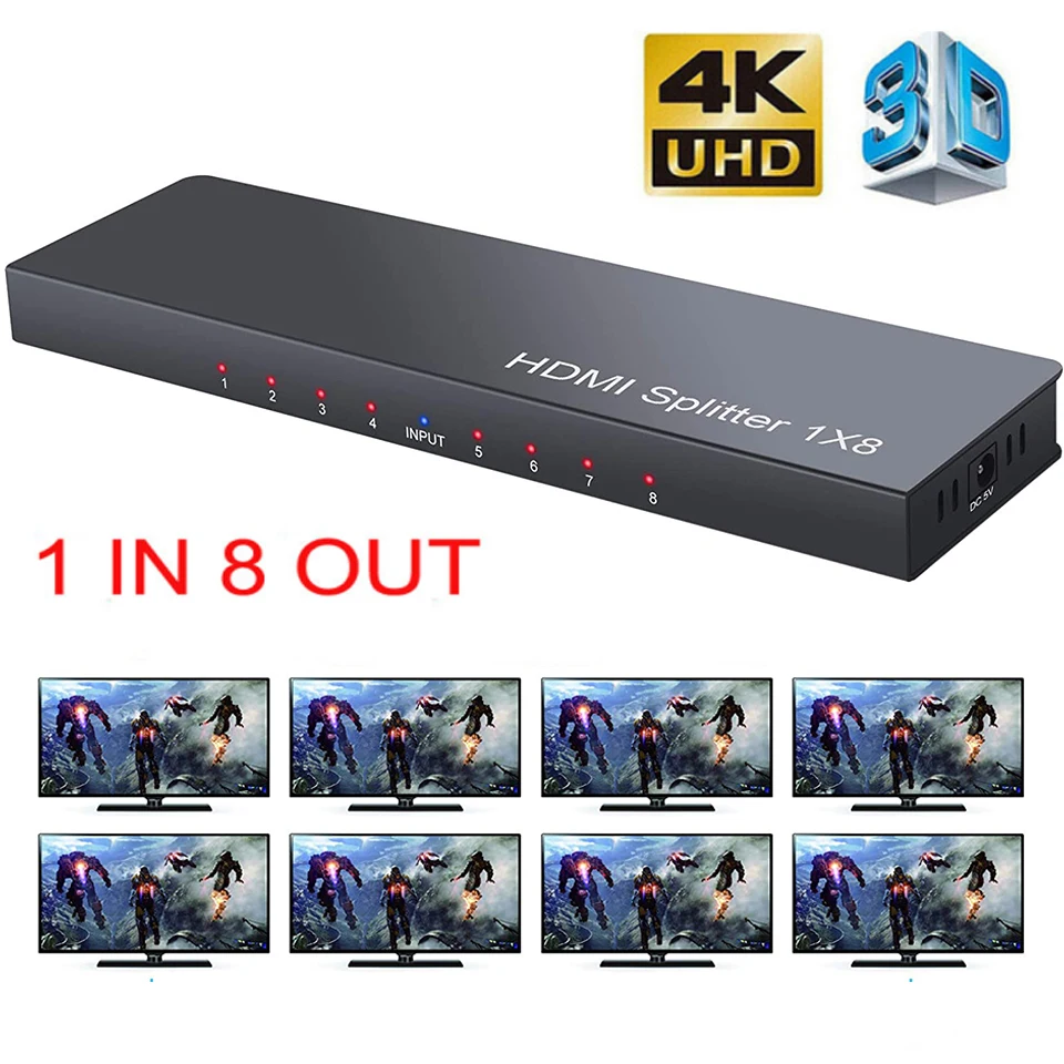 4K1x8 HDMI Splitter 1 in 8 out HDMI Video Distributor Amplifier 8 HDMI Display Duplicate for DVD PS3 PC TV Market Display