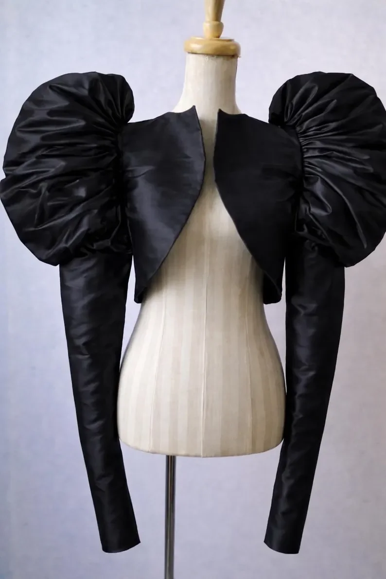 Customized Fashion Satin Ruffles Wedding Jacket Cap Sleeves Bride Boleros Bridal Capes Women Full Sleeves Top Cover image 6