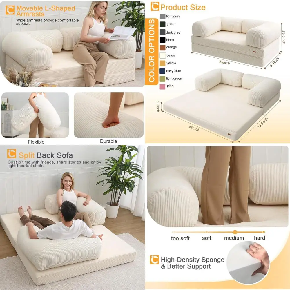 

Раскладной диван-кровать Queen с L-образными подлокотниками, съемным чехлом, компактным дизайном для гостиной, бежевый