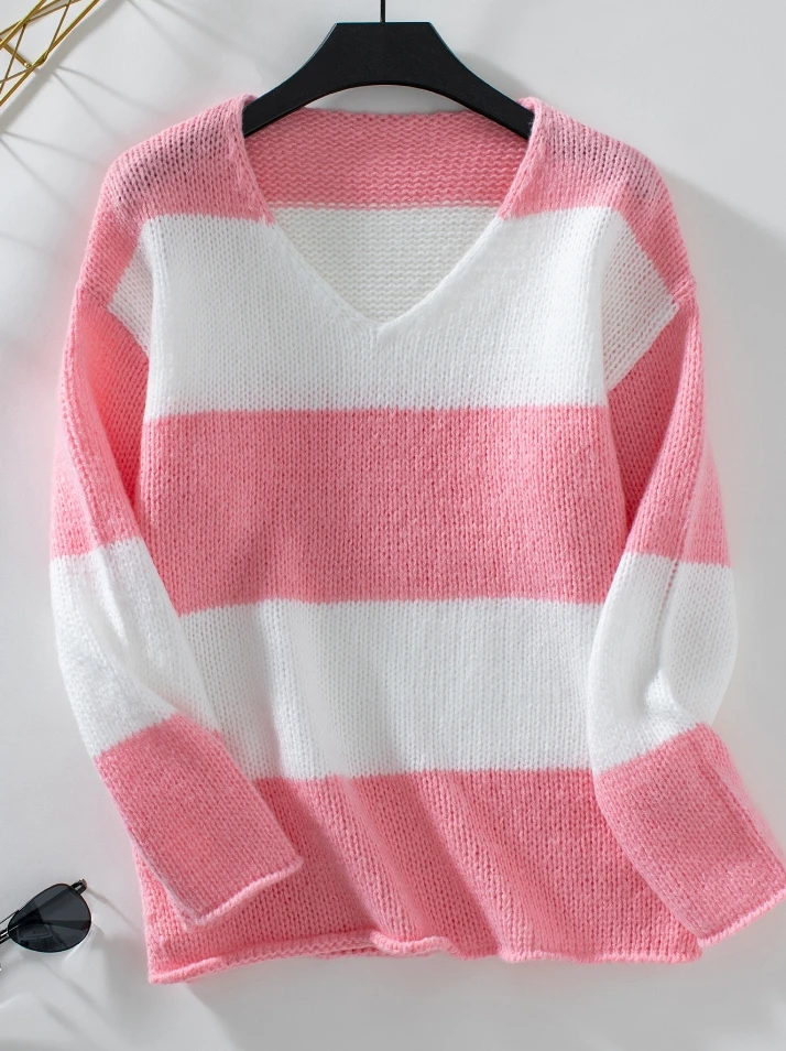 Women's Sexy and Sweet Sweater 2025 Autumn Winter Latest Knitwear Contrast Stripe V-Neck Off Shoulder Loose Fit Long Sleeves Top