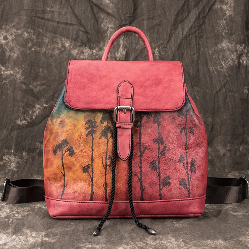 Vintage Genuine Leather Backpack Women Fasion Ladies Real Cow Leather Double Shoulder Bag Leaf Pattern Travel School Bags