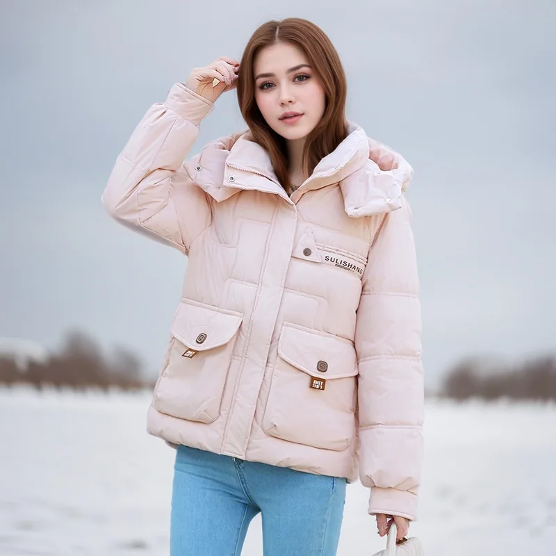 

Утолщенная женская зимняя куртка с геометрическим принтом, ветрозащитная куртка с капюшоном и карманами, женское стеганое пальто, укороченное пальто в корейском стиле для женщин