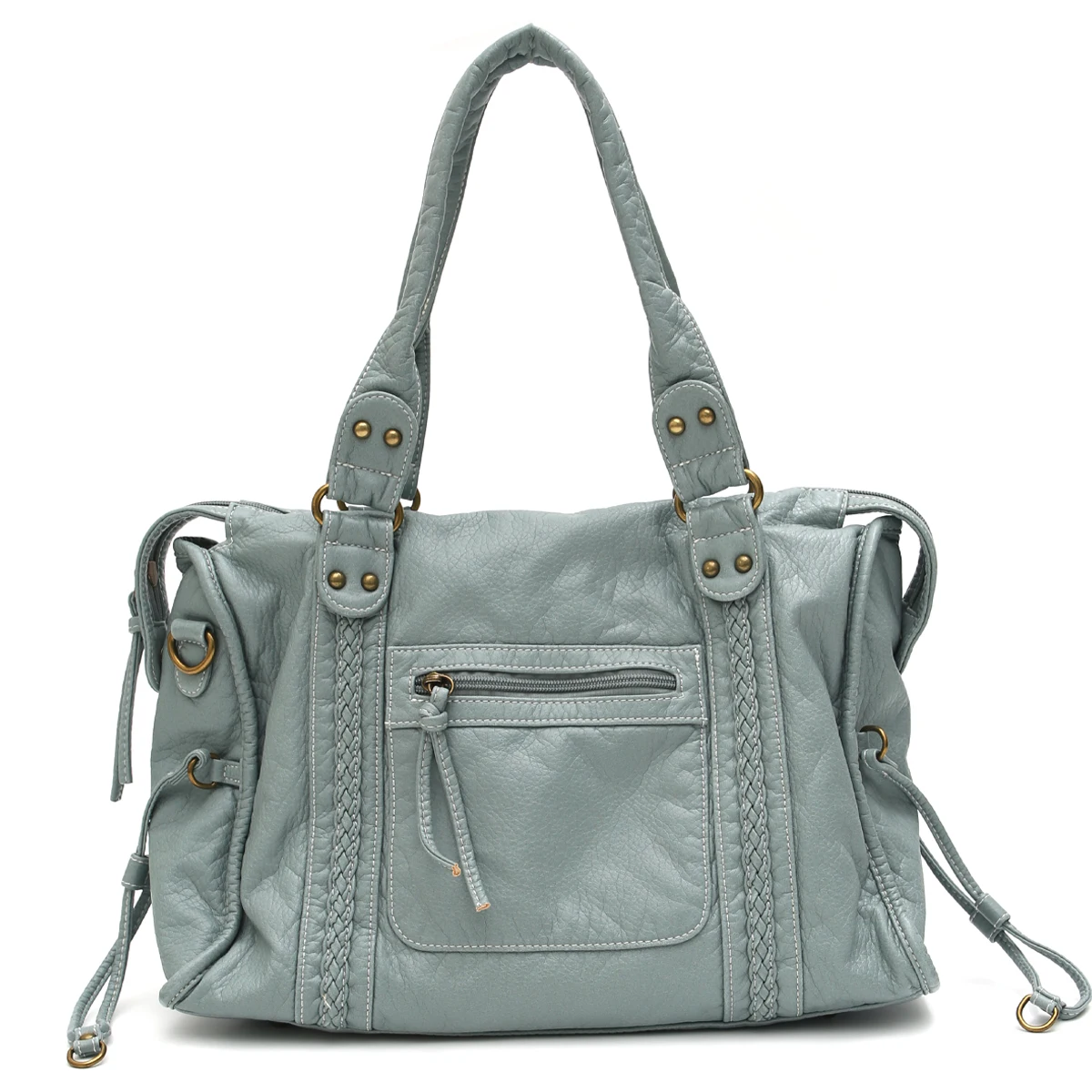 Vintage gewaschenes PU-Leder, große Kapazität, Reißverschlusstaschen, geflochtenes Dekor, Schultertasche, Umhängetasche, Unisex, Damen, tägliche Reisehandtasche