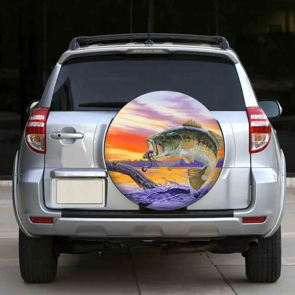 Bass Fish Spare Tire Cover,UV Sun Protectors Wheel Cover Sea Animal Jumps Water Wave Tire Cover Universal Fit