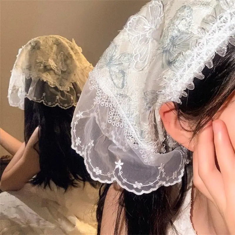 

French Lace Triangle Scarves Butterfly Floral Headscarf Bandanas Turban For Girls Travel Photo Headband Butterfly Headscarf