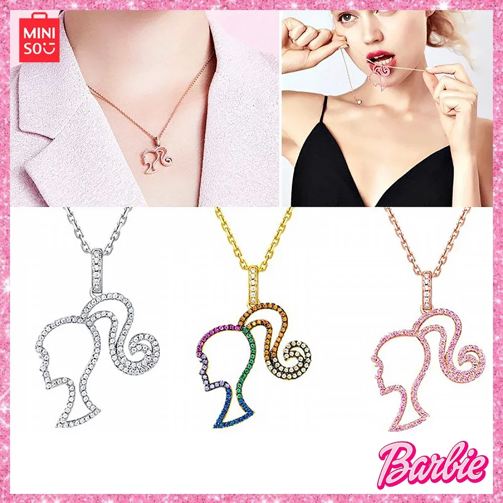 MINISO Boutique Barbie Necklace 925 Sterling Silver Hollow Necklace Anime Y2K Anime Girl Accessory Gift Peach Heart Tail Chain