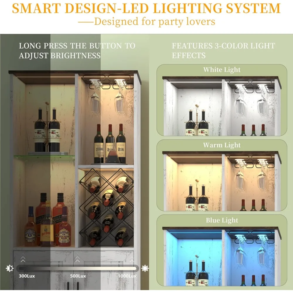 Armadietto per vino, armadietto per bar con luci a LED, armadietto per liquori con portabottiglie per vino, armadietto per liquori moderno in fattoria con