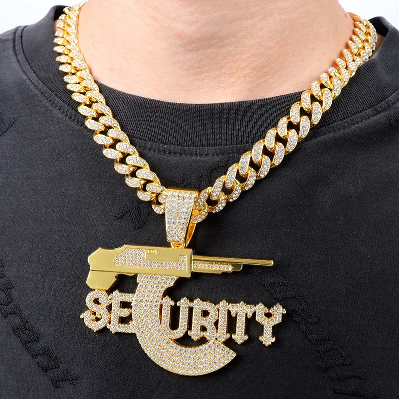 Hip-hop sniper rifle SEURITY letter pendant necklace ice crystal Cuban chain fashion cool jewelry men\'s gift