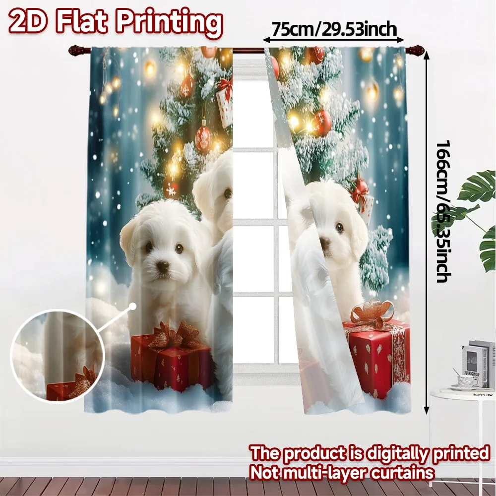 2pcs,Curtains Christmas Tree Cute Puppies Gift Print Modern Curtains Polyester Easy Install Curtains Art Deco Festive Ldeal for