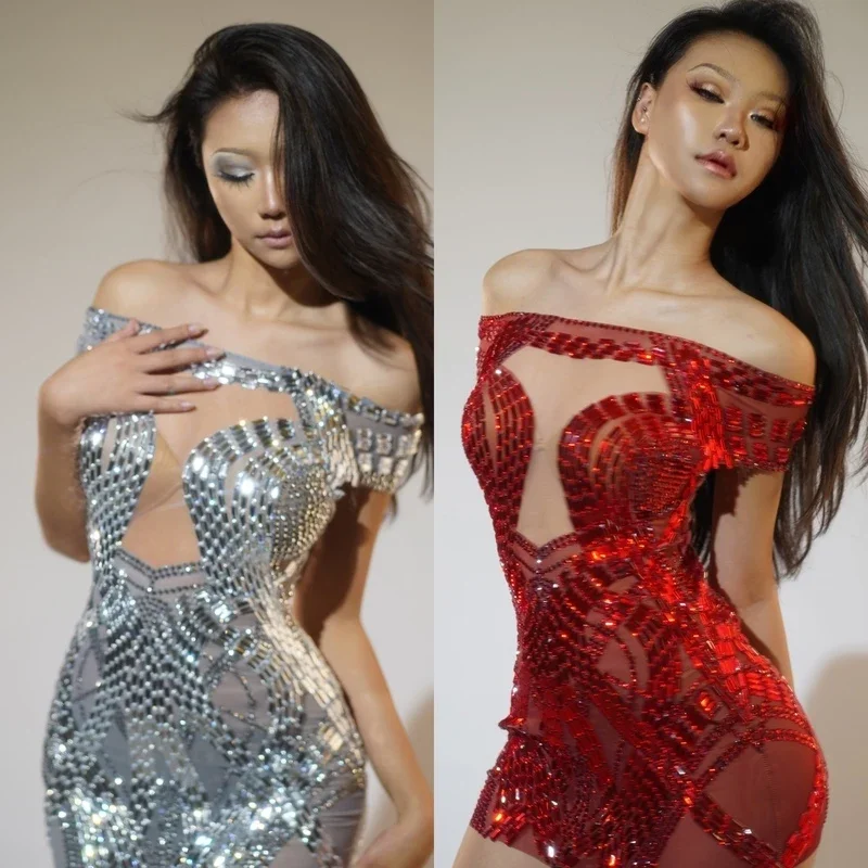 Nightclub Bar Full Diamond Mesh Strapless Short Skirt Female Singer Gogo Dancers Party Dress Jazz Performance Stage Wear