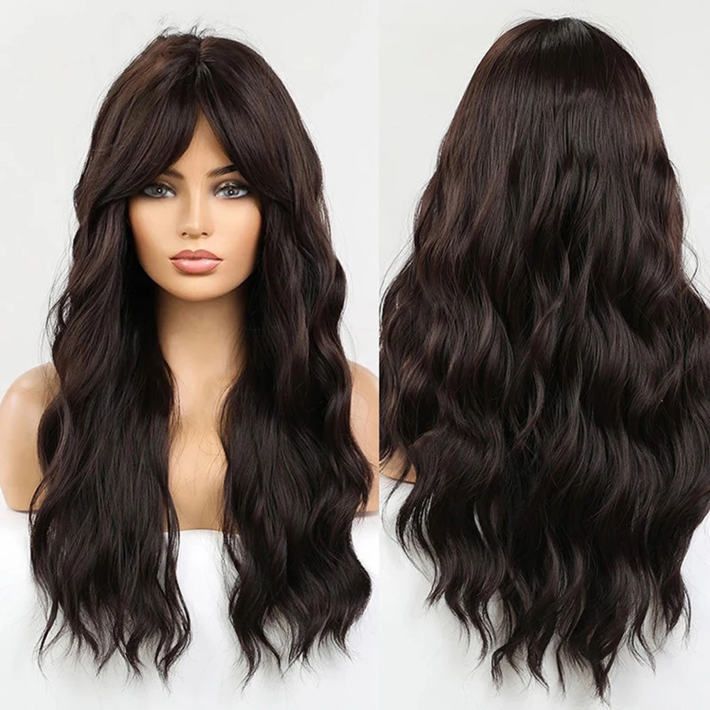 

Long Dark Brown Natural Wavy Machine Made Synthetic Hair Wig With Bangs Capless Wig for Women