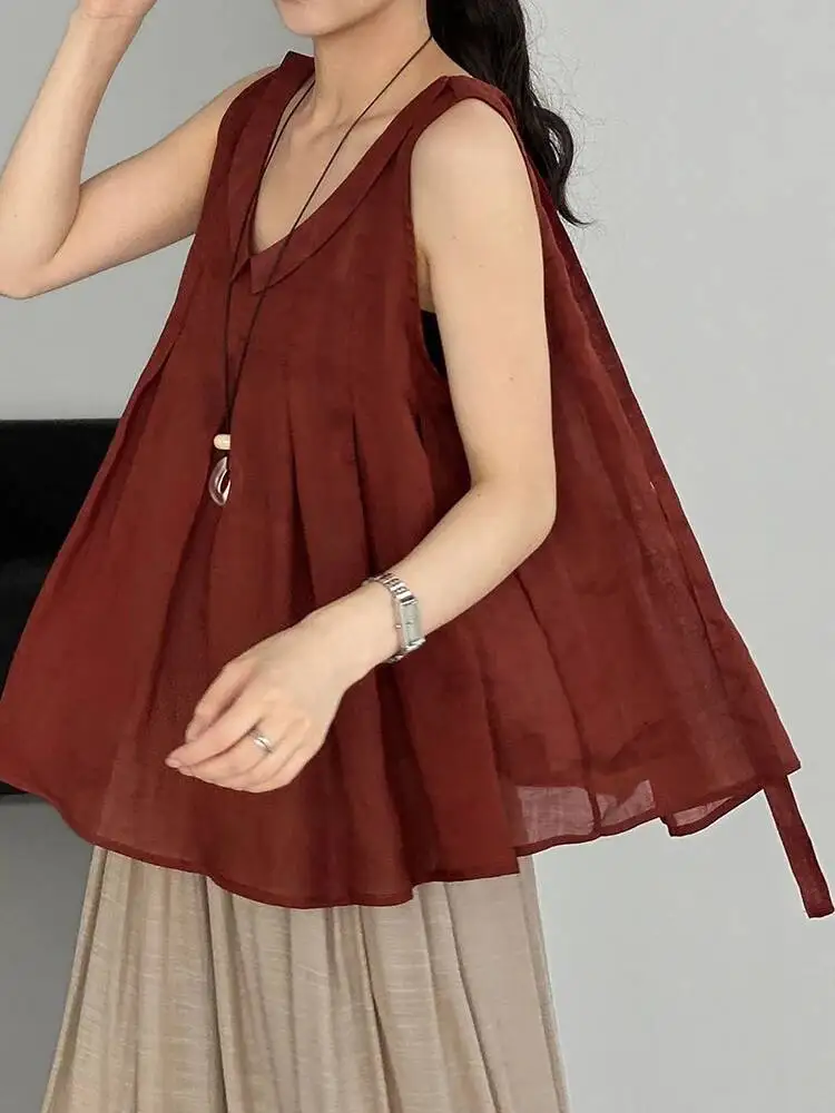 Women Dark Red Ramie Both Side Wear Tank Tops New V-collar Sleeveless Personality Fashion Tide Spring Summer