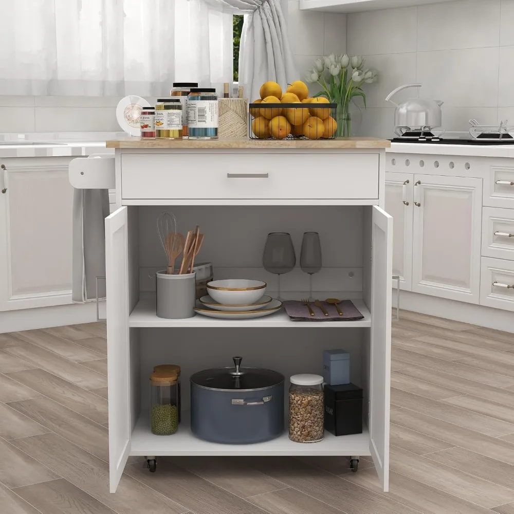 Kitchen Island on Wheels White Rolling Trolley Cart Island Cart Storage Cabinet with Rubber Solid Wood Countertop One Drawer