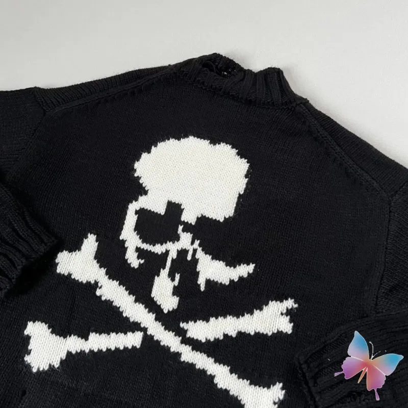 American High Street Round Neck Knitted Sweatshirts Black Skeleton Bone Printed Ribbon MMJ Sweater Men Women