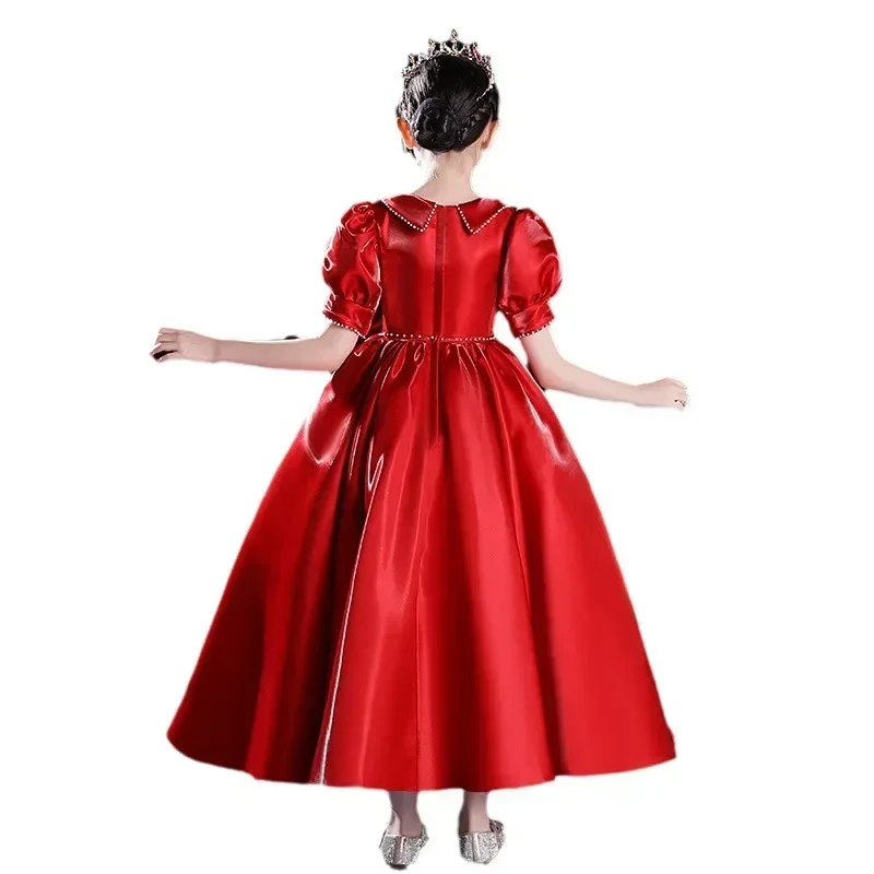 Robe de princesse d'anniversaire pour fille, robe d'hôte pour enfants, robe de spectacle de piano en satin pour fille, fleur, rouge, nouveau