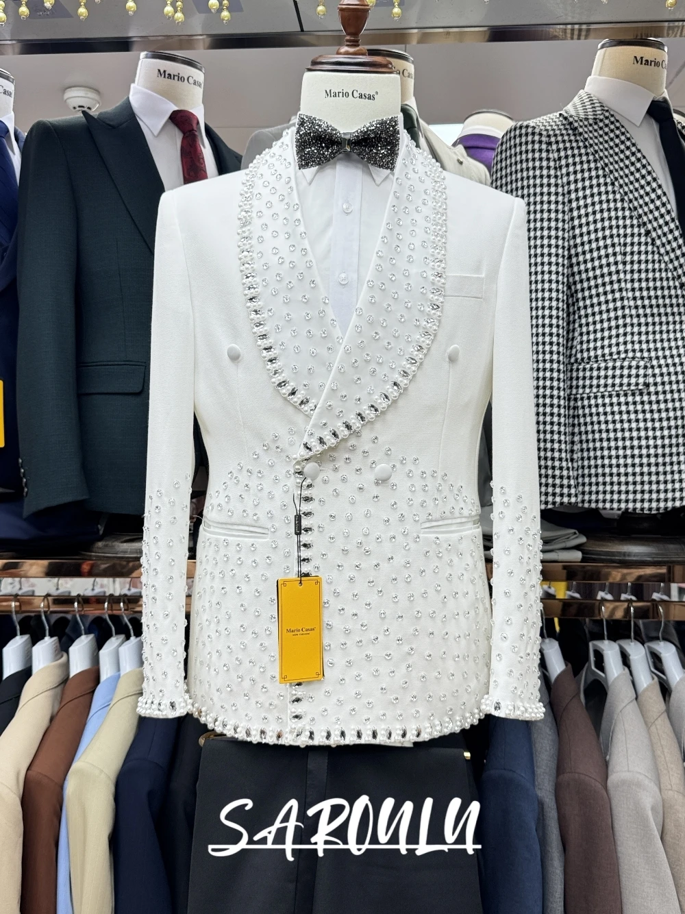 

White Exquisite Pearls Tuxedo For Man, Fashion Two Pieces Suit Set, Gorgeous Sparkling Crystals Groom Wear, Double Breasted