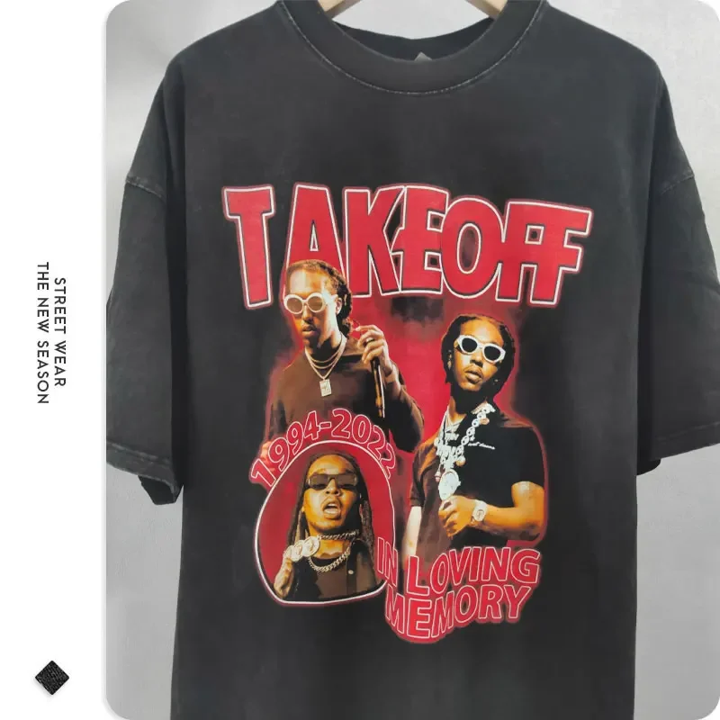 Takeoff Rapper Singer T Shirt Hip Hop Tops Tees Vintage Washed Short Sleeve Oversized T-Shirt Harajuku Streetwear Men Cotton