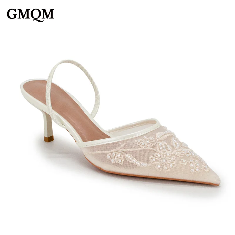 

GMQM Lady Slingback Heels Gauze Pumps Embroidery Flower With Pearl Pointed Toe Stilletto Slip On Sandals For Dress Party Wedding
