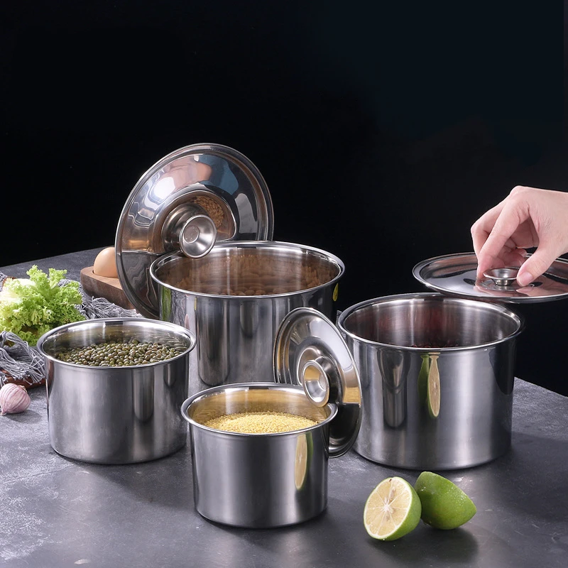 Stainless Steel Food Storage Organizer Can with Lid Round Grains Spice Box Durable Egg Sugar Bowl Stew Pot Home Kitchen Items