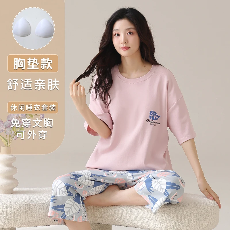Pijamas Femininos de Verão Tamanho Grande M-5XL com Almofada no Peito 100% Algodão Conjunto Casual de Pijamas para Mulheres