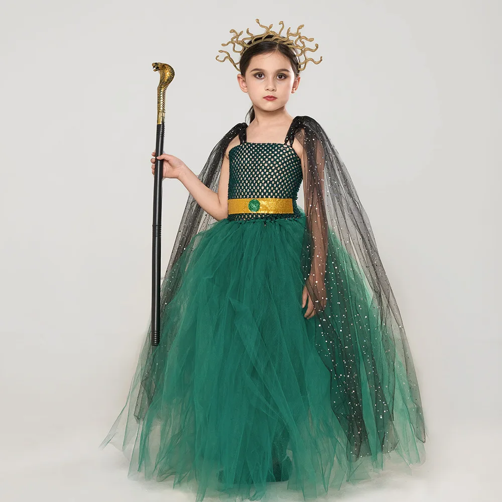 Girls Green priness Costume With Headpiece Magic Wand For Kids Halloween Dresses Kids Fancy Gown Tutu Dress Cosplay 2-10Y