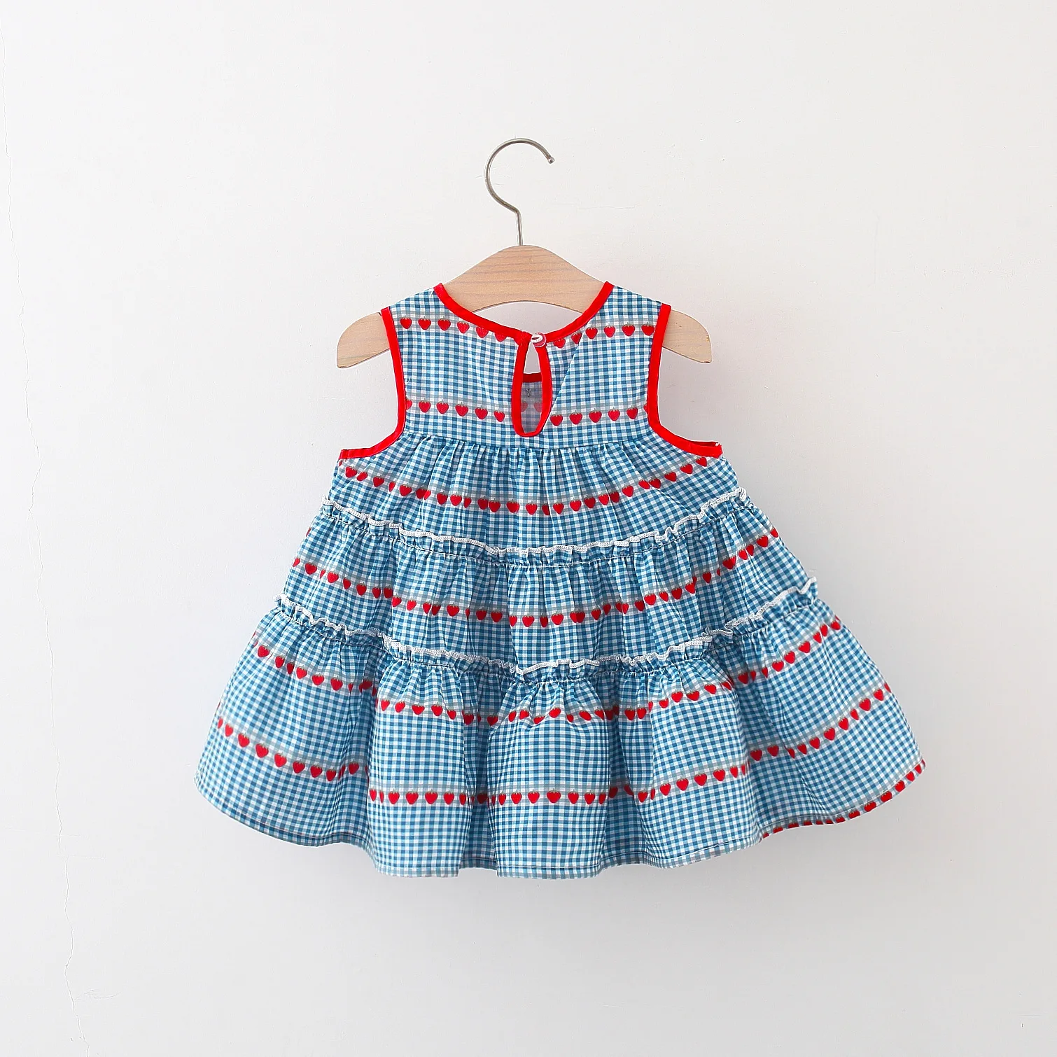Baby girl's new summer dress with sleeveless round neck plaid heart cherry cotton skirt and diagonal cross bag included image 2