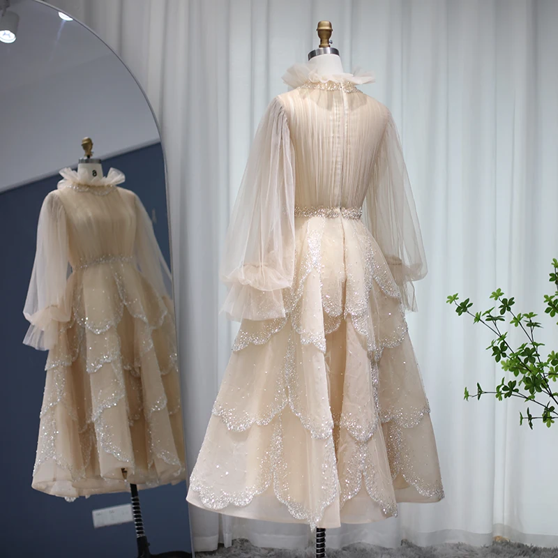 Sharon ha detto abiti da sera musulmani a maniche lunghe Champagne 2022 lusso Dubai in rilievo arabo formale Dreess per le donne festa di nozze