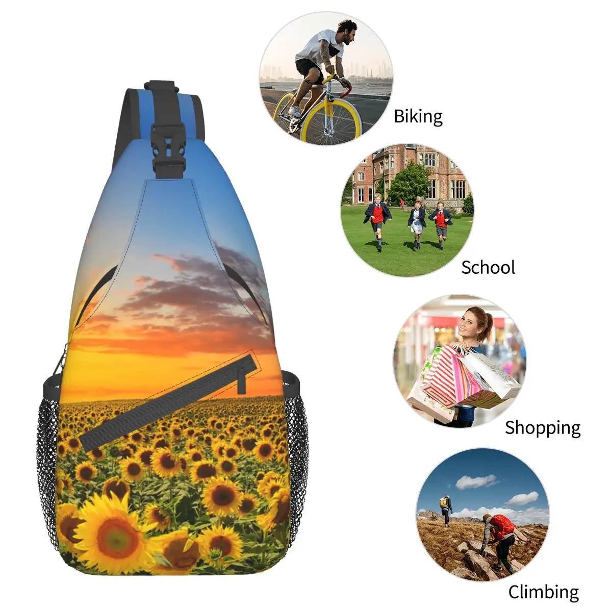 Feld der blühenden Sonnenblumen Schulter taschen Brust Cross body Schulter gurt Rucksack Outdoor Sport Tages rucksäcke Sonnen untergang Männer Frauen Pack