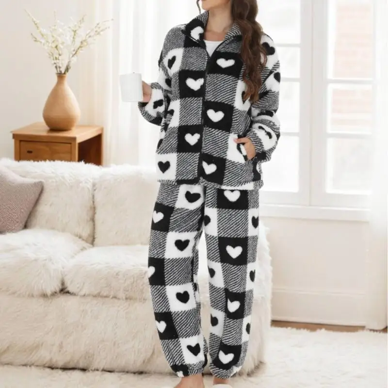 Women Autumn Winter Grid Warm Pijamas Suit Coral Fleece Lapel Long Sleeves Homewear Sleepwear Thicken Flannel Loungewear Pajamas