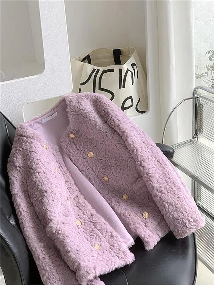 

Модная куртка из искусственной овечьей шерсти, женская осенняя двубортная укороченная куртка с круглым вырезом, женская корейская элегантная мягкая верхняя одежда из искусственного меха