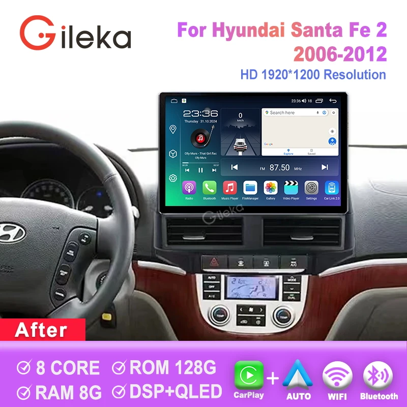 

13,1-дюймовый мультимедийный проигрыватель с CarPlay и Android для HYUNDAI Santa Fe 2 2006-2012, автомобильная магнитола с CarPlay, Wi-Fi, GPS, Bluetooth, головное устройство