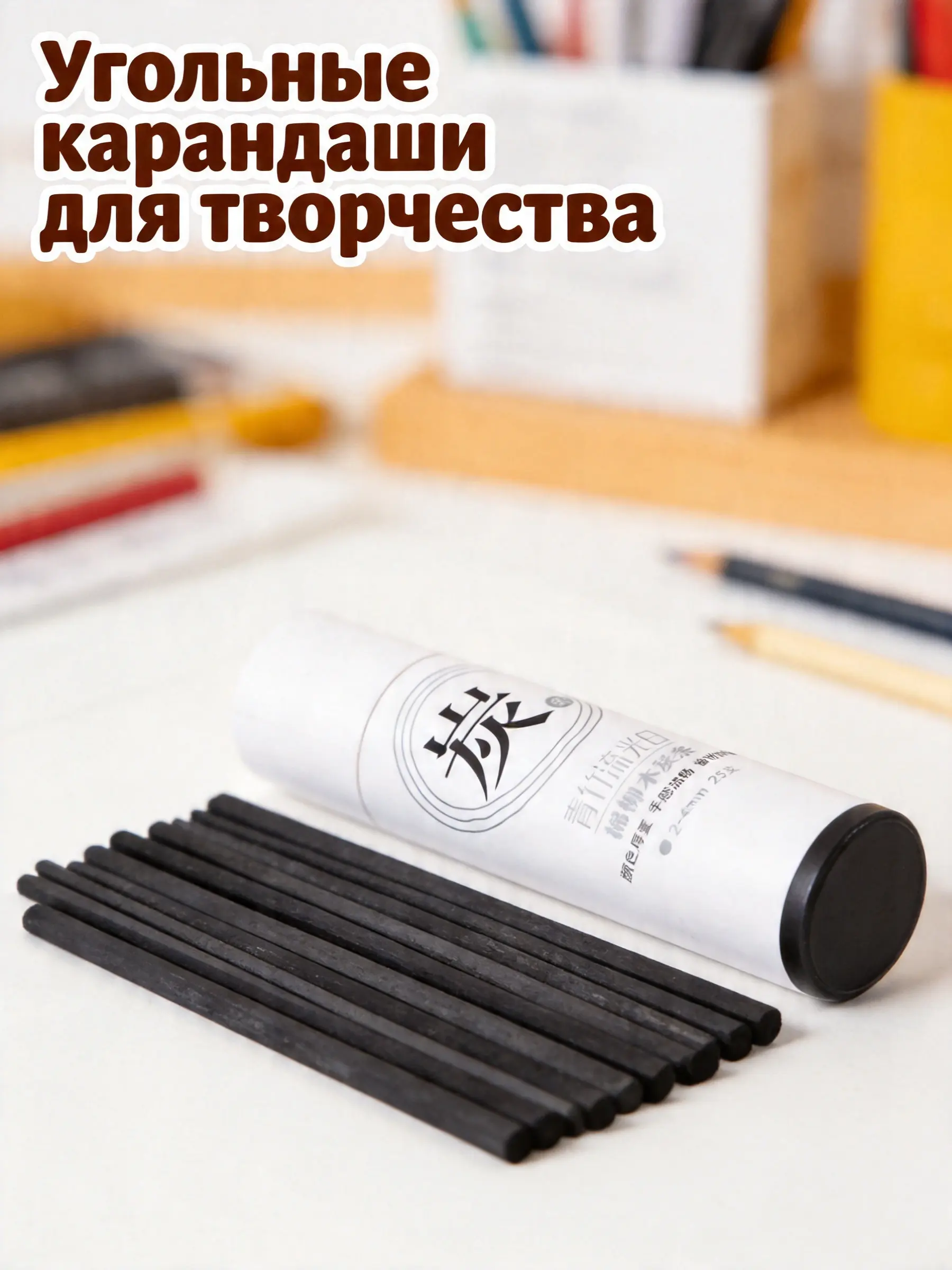 25Pcs Professional Compressed Charcoal Sticks 2-4Mm for Sketching Shading Drawing Painting Students Teens Adults Hobbyist Art