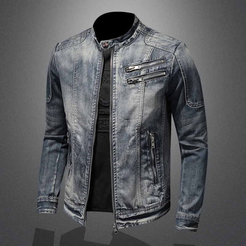 

Vintage Plus-size Denim Jackets Men Casual Stand Collar Moto Biker Outerwear Coats Mens Fashion Zippers Motorcycle Streetwear