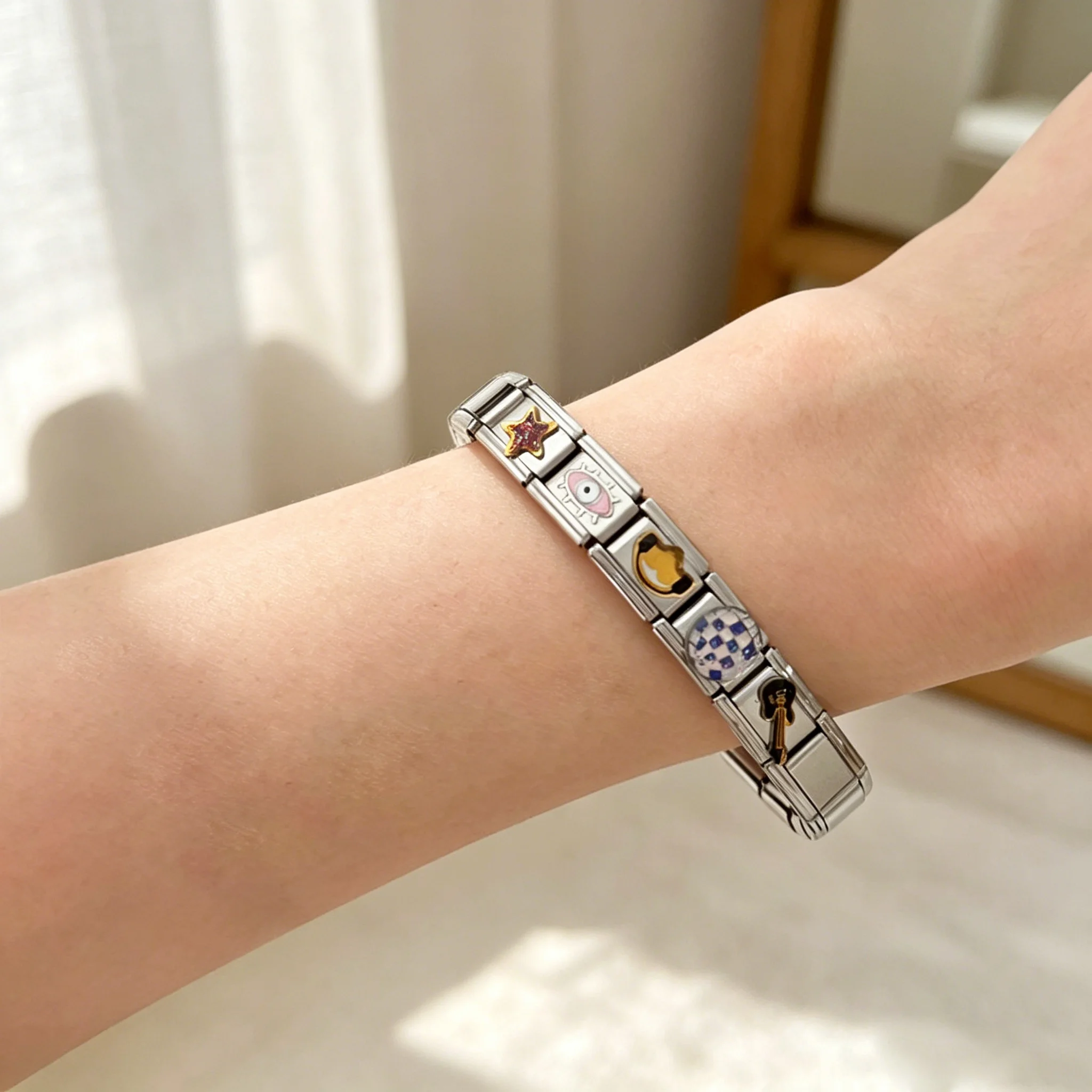 

Italian Modular Charm Bracelet Stainless Steel Elastic Bangle with Guitar & Disco Ball Enamel Charms Music-themed for Daily Wear
