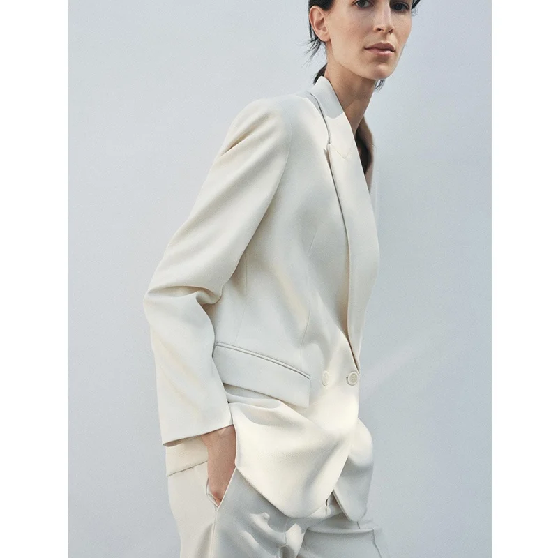 سترة رسمية طويلة الأكمام بصف أزرار مزدوج 2380677 مع بنطلون واسع بسيط 2386677 زي أنيق للسيدات في مجال الأعمال #2