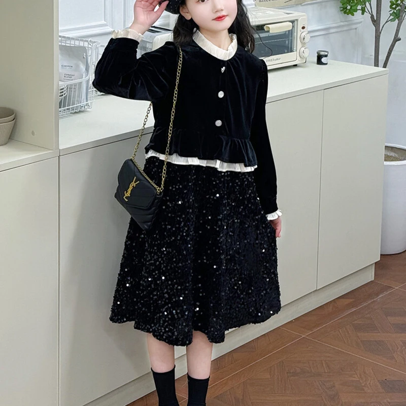 Girl\'s sequined velvet dress black fashionable high-end temperament girl fake two pieces Spring and Autumn Winter Festival party