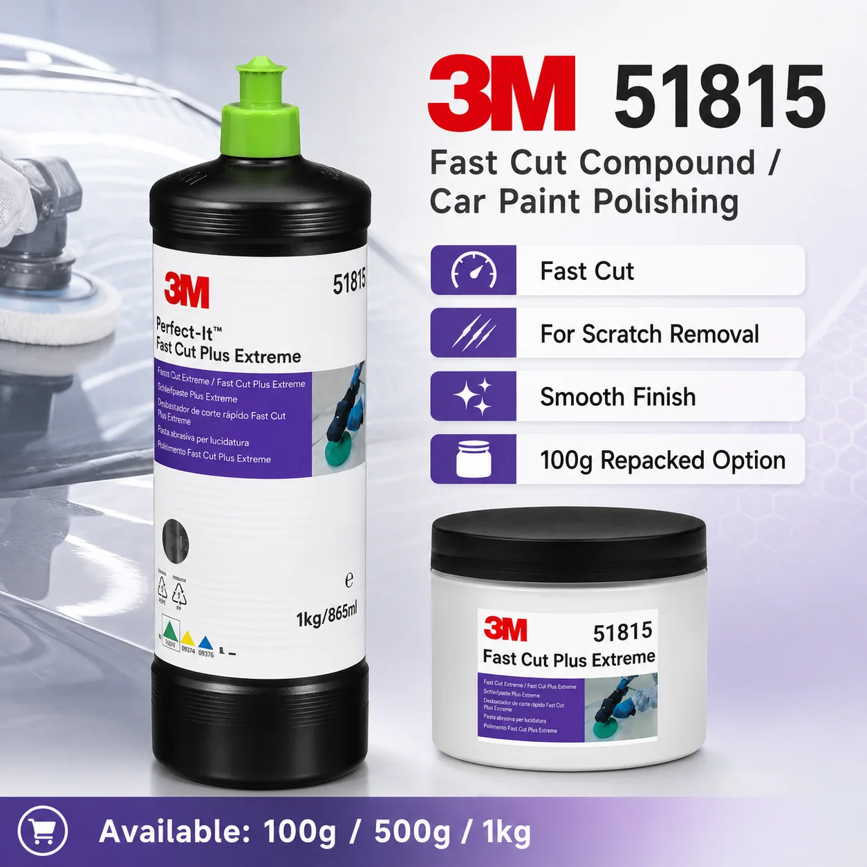 Composto de Polimento Rápido 3M 51815 Fast Cut Plus Extreme, Removedor de Arranhões de Alta Performance para Refinamento de Pintura Automotiva, 100g, Embalagem Refil