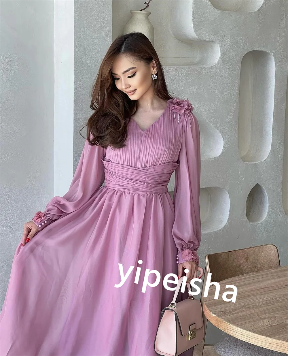 Chiffon Flower Sash Evening Straight Scoop Neck Bespoke Occasion Gown Midi Dresses