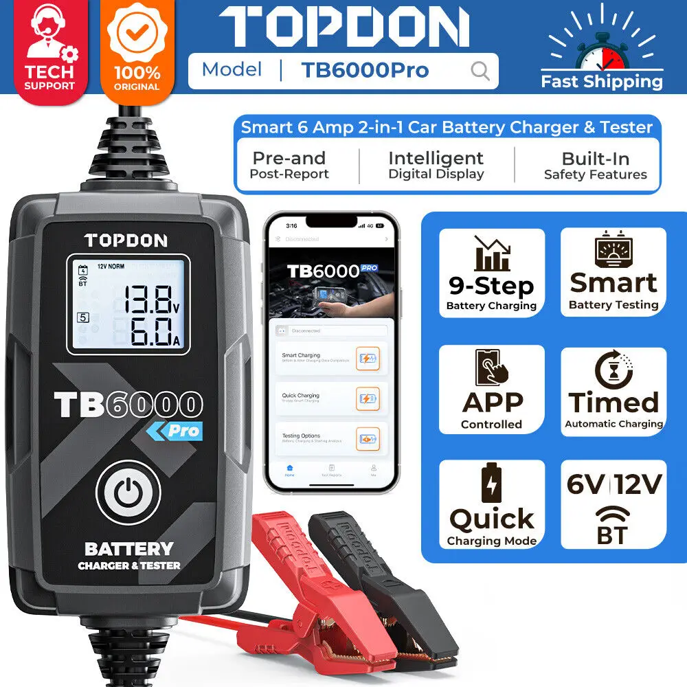 TOPDON TB6000 Pro 6Amp 2-in-1 inteligentny ładowarka samochodowa i Tester baterii 6V/12V przenośny TB6000Pro DIY ołowiowo-kwasowy lit