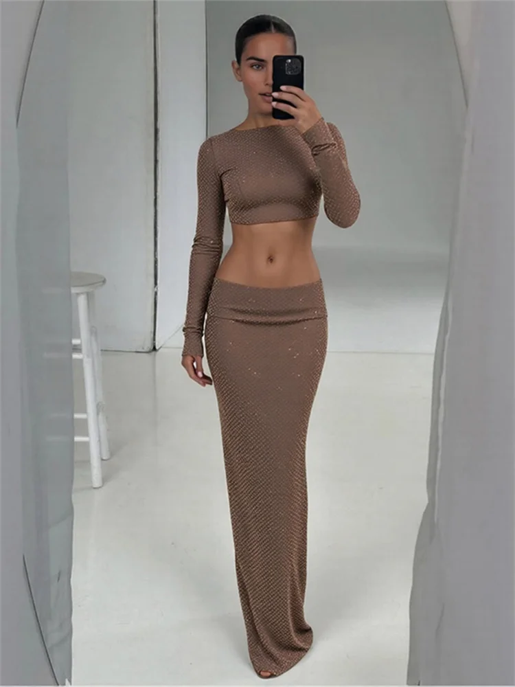 Nibber Waistless Long Dress Woman o-Neck Full Sleeve Rhinestone Decoration Backless Design Midnight Prom Party Elegant Vestidos