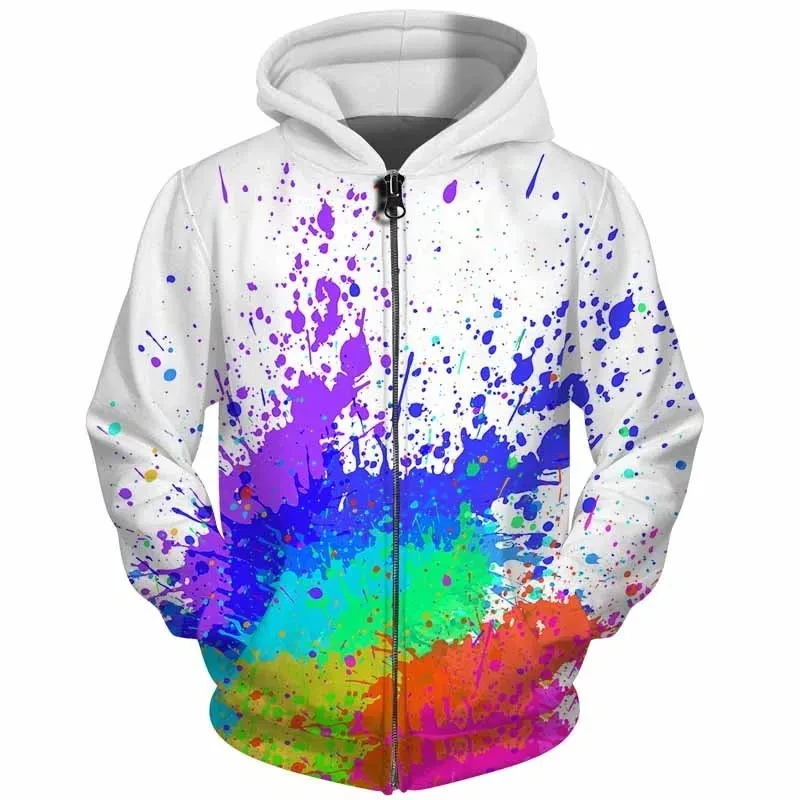 Men's hooded sweatshirt zipper, 3D printed everywhere, colorful rainbow pattern, casual hooded sweatshirt, Harajuku, fall coat