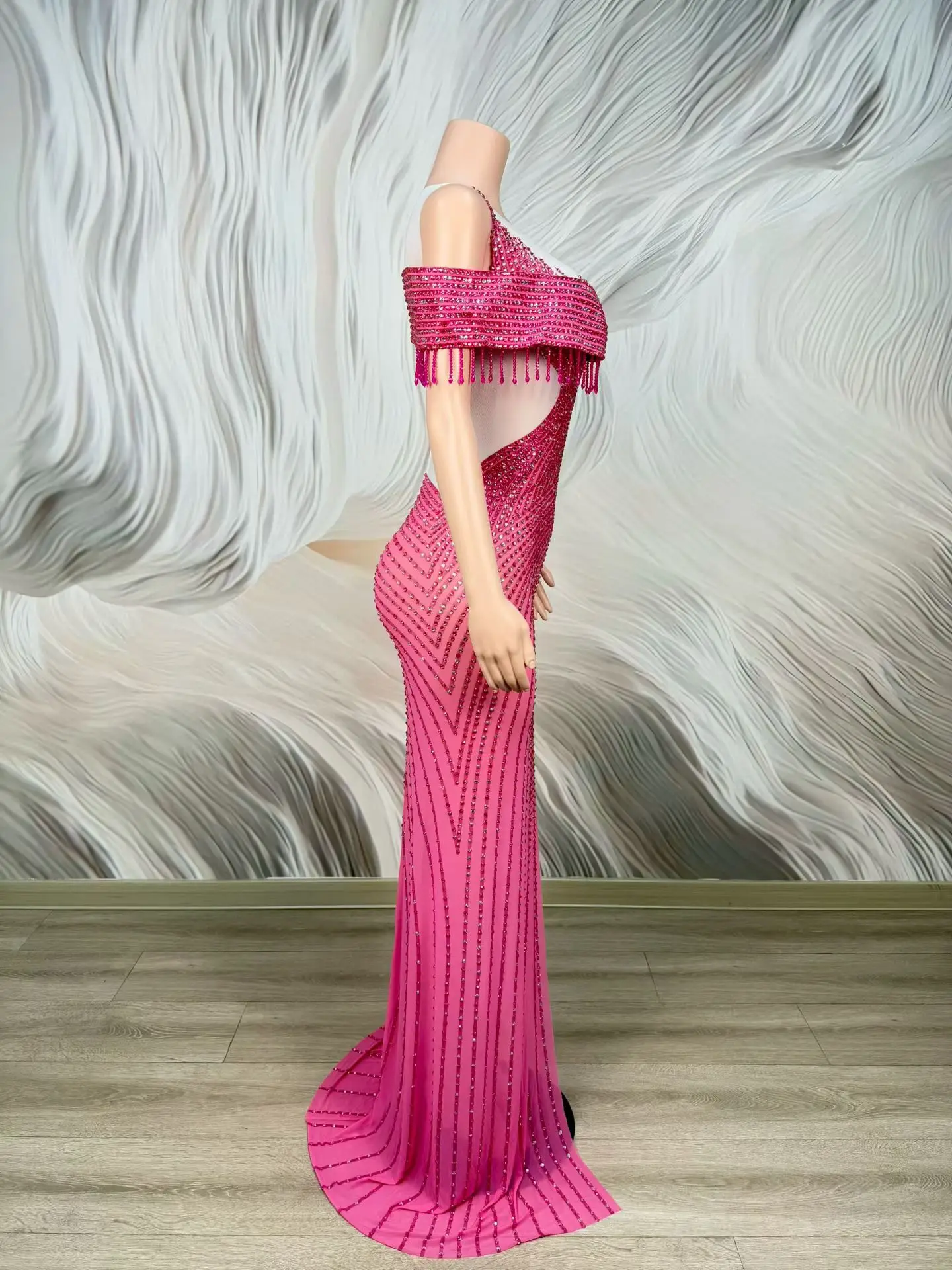 Mulan Elegant Fuchsia Full Rhinestone Mermaid Evening Dress Single Fringe Sleeve Cutout Waist High Slit Birthday Gala Gown view 5