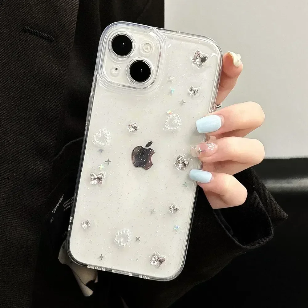 Luxury 3D Pear Love Heart Glitter Case For iPhone 15 13 12 11 14 Pro Max Transparent Soft Shockproof Back Cover