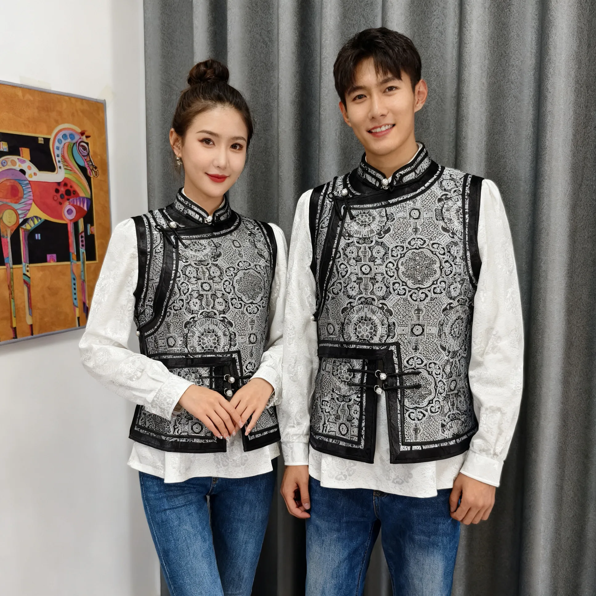 Mongolian Vest Couple's Double Layer Thick Band Lining Men's and Women's Same Style Vest Top Ethnic Style Vest Top
