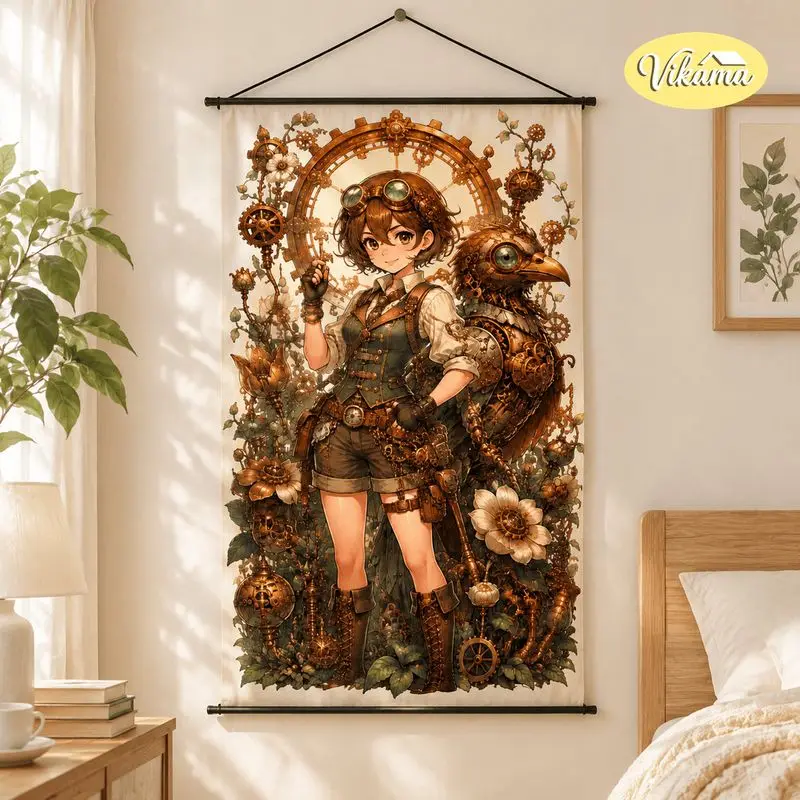 VIKAMA Steampunk Anime Girl Tapestry Mechanical Bird Gear Flower Vintage Art Wall Hanging Bedroom Aesthetic Home Decor