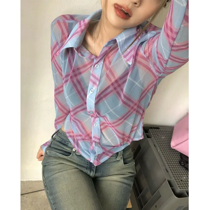 Harajuku Plaid Chiffon Blouses Women Y2k Sexy Korean Style Long Sleeve Mesh Shirts See Through Crop Tops Streetwear