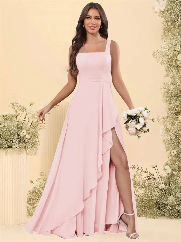 シフォン ブライズメイドドレス ロング スリット付き ノースリーブ プリーツ Aライン ロング フォーマルイブニングドレス エレガント ボールドレス フォーマルパーティードレス