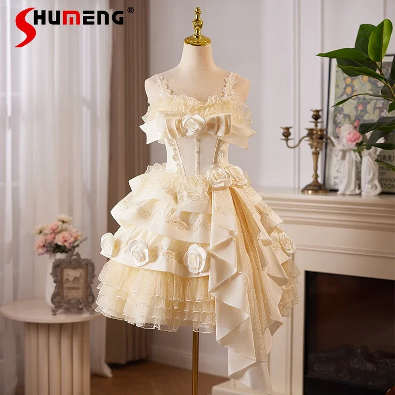 

Champagne Short Lolita Princess Dress Light Luxury Socialite Niche Rojita Cake Vestidos Birthday Party Dresses Women's Clothing