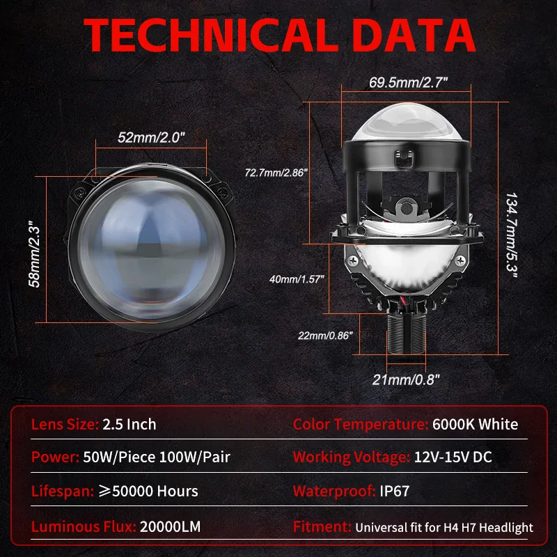 50W 2.5 Inch Bi Led Projector For H4 H7 Lens Led Light 20000LM Car Headlight Retrofit Upgrade High Low Beam 6000K White light